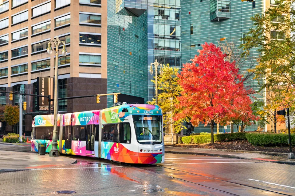Colorful streetcar on street in downtown Detroit, Michigan.
